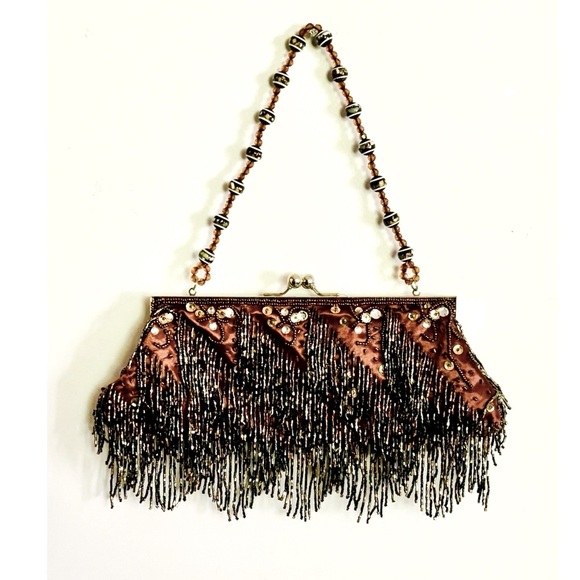 Formal vintage evening bag brown satin, sparkling sequins, beads- special events - Picture 1 of 9